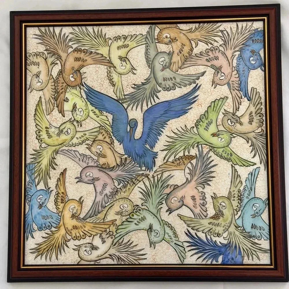 Hand Painted Turkish Phoenix Design Tile. 16”‎ X 16” inches. Custom Frame